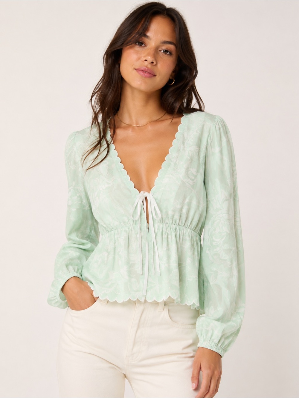 Francesca's Collections Mint Green Tie-Front Peplum Blouse